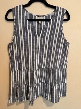 Como Vintage Navy Blue and White Striped Sleeveless Top with Tiered Hem